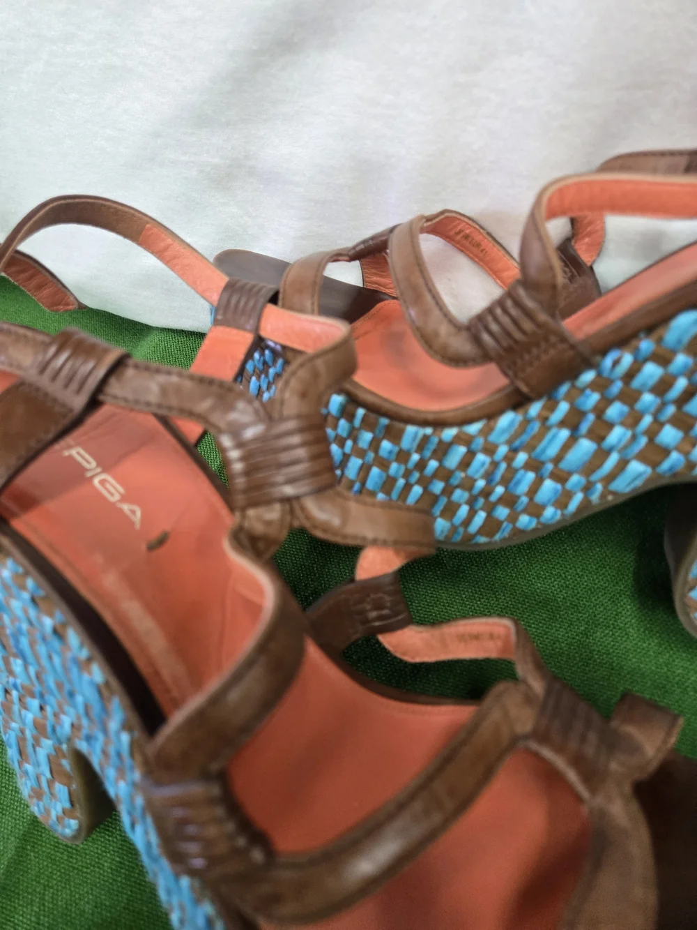 Via Spiga Brown Leather Strappy Platforms with Turquoise Woven Heel